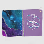 Serviette De Golf Monogramme Turquoise pourpre en argent  (Horizontal)