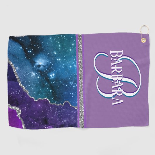 Serviette De Golf Monogramme Turquoise pourpre en argent  (Horizontal)