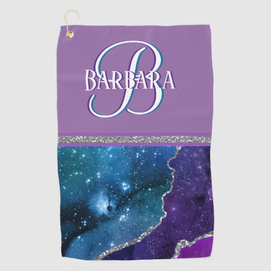 Serviette De Golf Monogramme Turquoise pourpre en argent  (Devant)