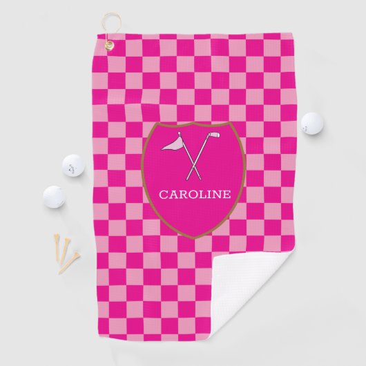Serviette De Golf Monogrammed Pink Checks & club de golf & drapeau G (En situation)