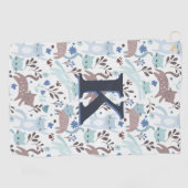 Serviette De Golf Motif de chat Whimsical, Monogramme gris bleu (Horizontal)