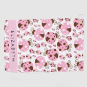Serviette De Golf Motif De Ladybugs, Ladybugs Rose, Votre Nom (Horizontal)