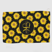 Serviette De Golf Motif de tournesol Monogramme jaune et noir (Horizontal)
