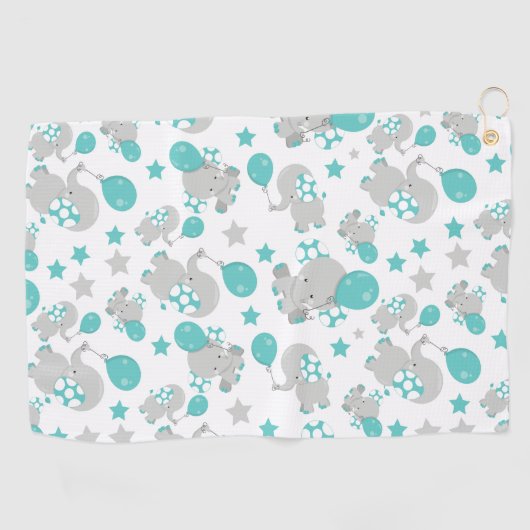 Serviette De Golf Motif Des Eléphants, Eléphants Mignons - Gris Bleu (Horizontal)