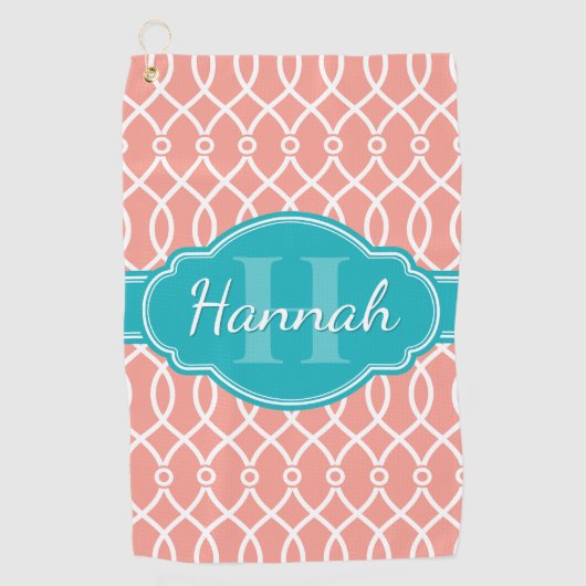 Serviette De Golf Motif Turquoise Monogramme rose blanc élégant (Devant)