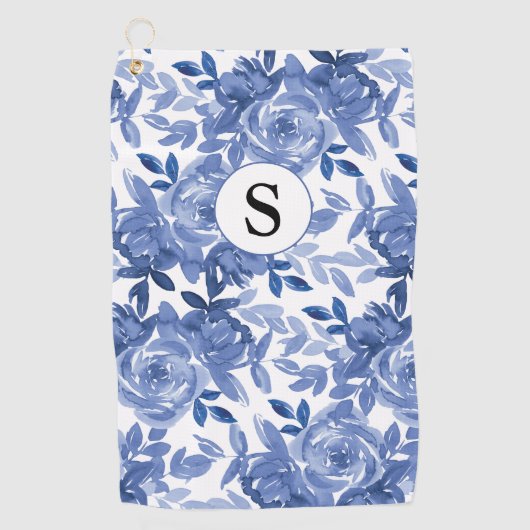 Serviette De Golf Motif végétal bleu monogramme (Devant)