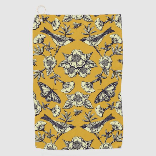 Serviette De Golf Moutarde Jaune et Oiseaux de la Marine, Papillons  (Devant)