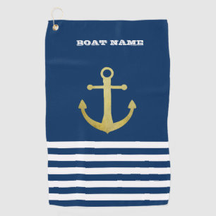 Serviette De Golf Nautical, Gold Anchor Navy Blue Striped