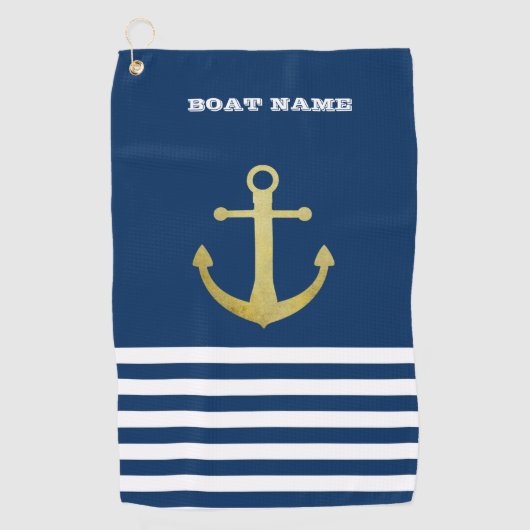 Serviette De Golf Nautical, Gold Anchor Navy Blue Striped (Devant)