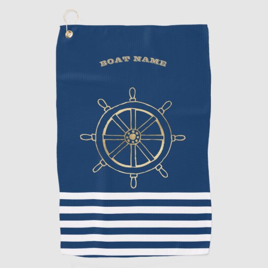 Serviette De Golf Nautique, Roue de bateau en or, Bleu de marine (Devant)