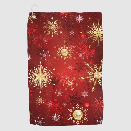 Serviette De Golf Noël Golden Snowflakes sur Arrière - plan rouge (Devant)