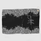 Serviette De Golf Noir Argent Pailleté Gris Monogramme Moderne (Horizontal)