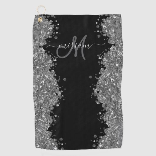 Serviette De Golf Noir Argent Pailleté Gris Monogramme Moderne (Devant)