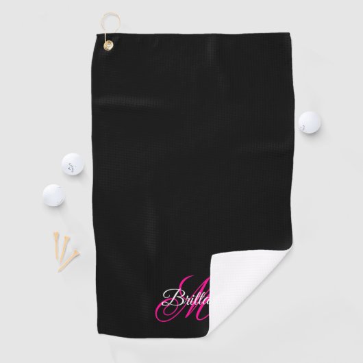 Serviette De Golf Noir blanc et rose chaud Script fantaisie Monogram (En situation)