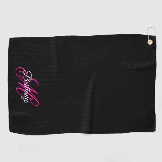 Serviette De Golf Noir blanc et rose chaud Script fantaisie Monogram (Horizontal)