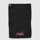 Serviette De Golf Noir blanc et rose chaud Script fantaisie Monogram (Devant)