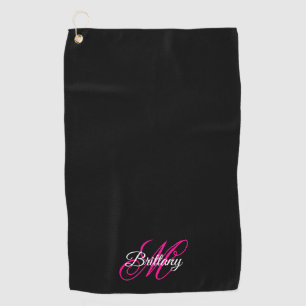Serviette De Golf Noir blanc et rose chaud Script fantaisie Monogram