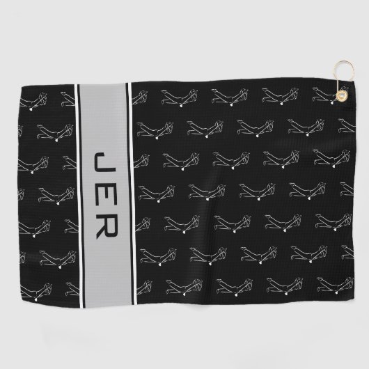 Serviette De Golf Noir et blanc Golfer Homme Silhouette Monogramme (Horizontal)
