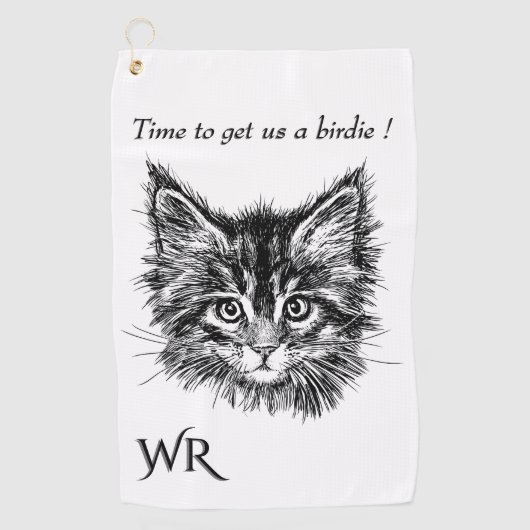 Serviette De Golf Noir et Blanc Kitten Face Drôle avec Monogramme (Devant)
