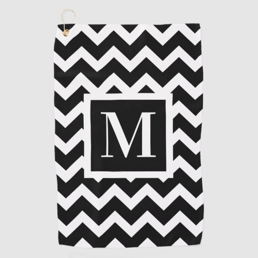 Serviette De Golf Noir et blanc Moderne Elégant Zigzag Monogramme (Devant)