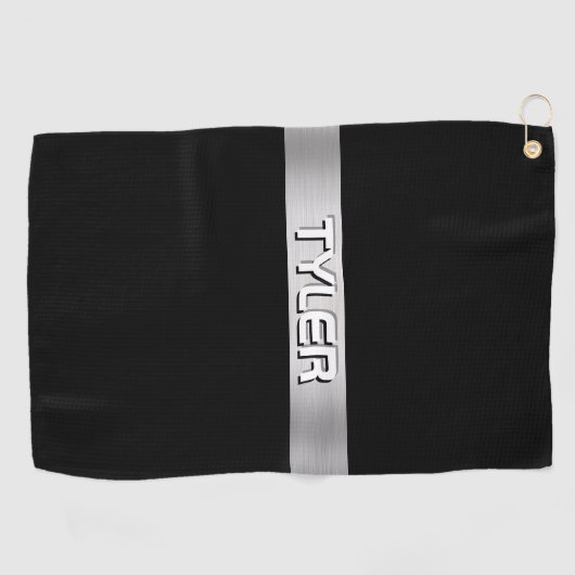 Serviette De Golf Nom blanc, Bande argentée brossée, Noir (Horizontal)
