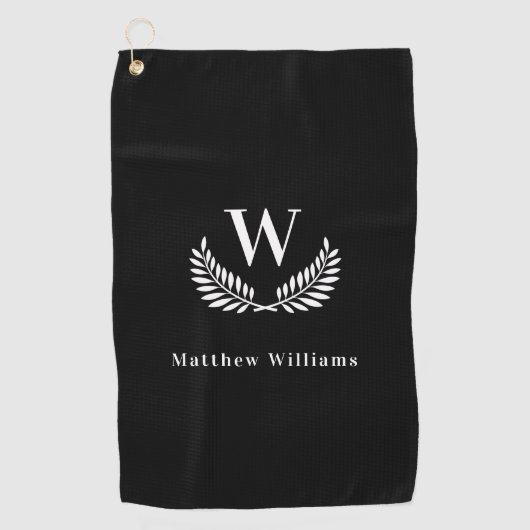 Serviette De Golf Nom de couronne de laurier blanc noir monogramme (Devant)