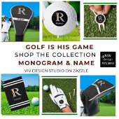 Serviette De Golf Nom de monogramme personnalisé noir élégant