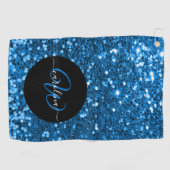 Serviette De Golf Nom de parties scintillant bleu monogramme élégant (Horizontal)