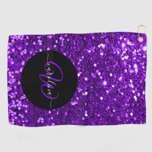 Serviette De Golf Nom de parties scintillant violet monogramme éléga (Horizontal)