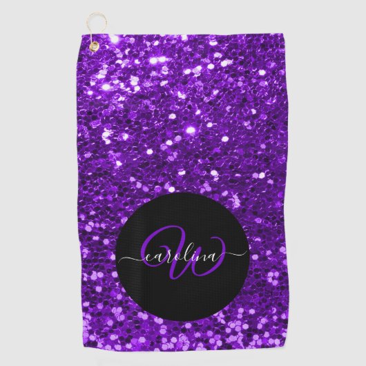 Serviette De Golf Nom de parties scintillant violet monogramme éléga (Devant)