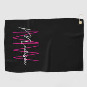 Serviette De Golf Nom de script de monogramme moderne noir rose (Horizontal)