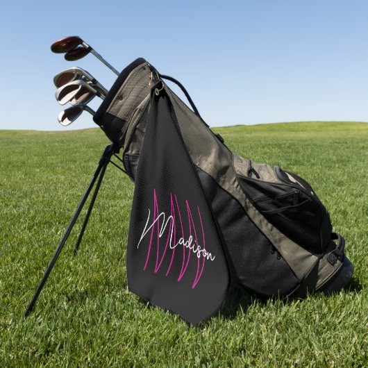 Serviette De Golf Nom de script de monogramme moderne noir rose (Vert)