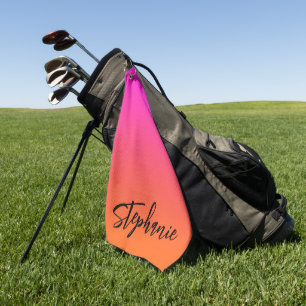 Serviette De Golf Nom de script ombré rose magenta chaud orange vif
