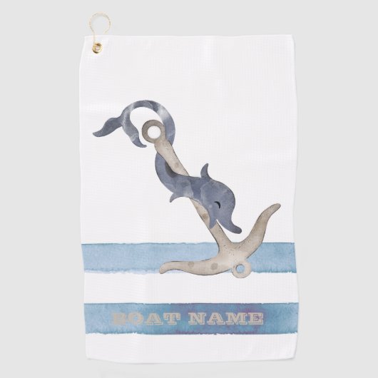 Serviette De Golf Nom du bateau, Ancre Dauphin Bleu clair rayures (Devant)