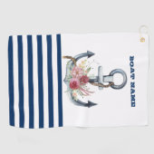 Serviette De Golf Nom du bateau, Fleurs d'Ancres Bleus de marine (Horizontal)