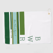 Serviette De Golf nom du golfplayer et initiales bandes vertes (Horizontal)