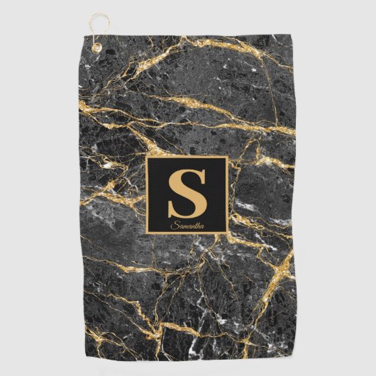 Serviette De Golf Nom du marbre noir Monogram Black Gold (Devant)