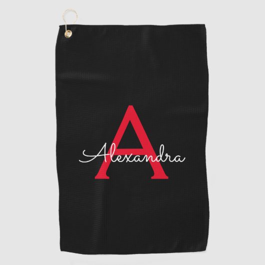 Serviette De Golf Nom du monogramme rouge noir de la fille (Devant)