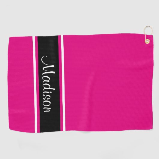 Serviette De Golf Nom du script de bande noire rose chaud solide (Horizontal)