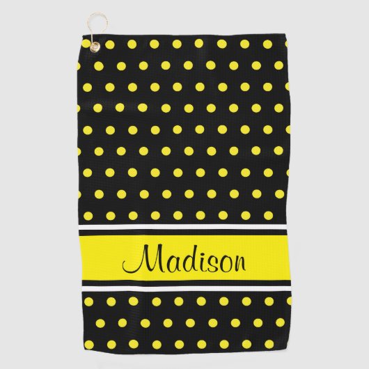 Serviette De Golf Nom du script de la bande de points Polka jaune br (Devant)