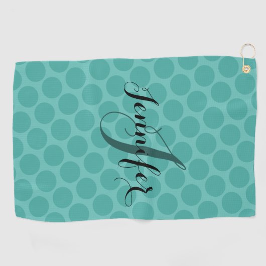 Serviette De Golf Nom du script de point Polka Turquoise classique (Horizontal)