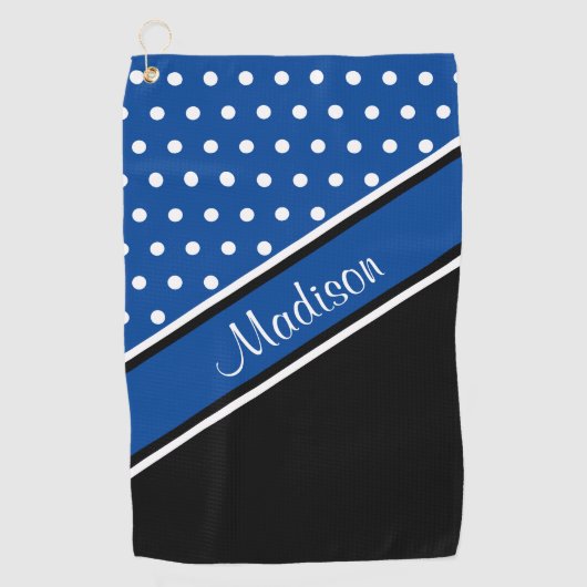Serviette De Golf Nom du script diagonal noir de point Polka bleu pr (Devant)