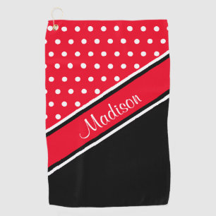Serviette De Golf Nom du script diagonal noir de point Polka rouge