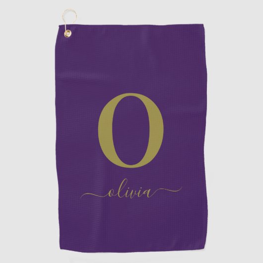 Serviette De Golf Nom Du Script Monogramme Personnalisé Purple Et Or (Devant)