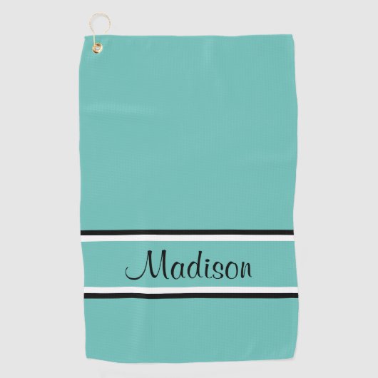 Serviette De Golf Nom du script Turquoise de bande noire (Devant)
