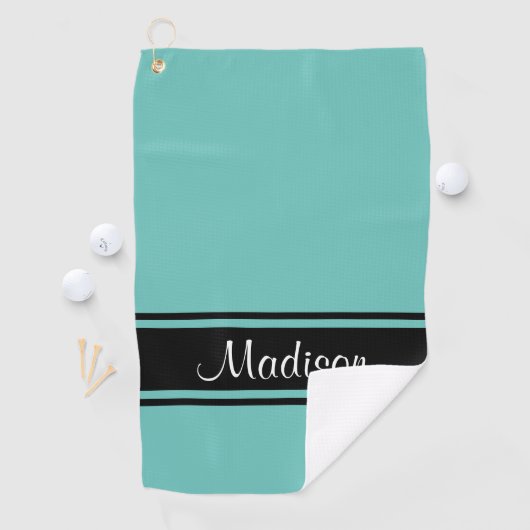 Serviette De Golf Nom du script Turquoise de bandes noires lumineuse (En situation)