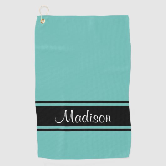Serviette De Golf Nom du script Turquoise de bandes noires lumineuse (Devant)