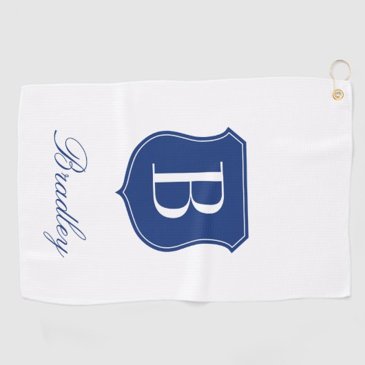 Serviette De Golf Nom élégant personnalisé monogramme bleu et blanc (Horizontal)