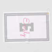 Serviette De Golf Nom encadré & monogramme | Gris clair & Rose (Horizontal)