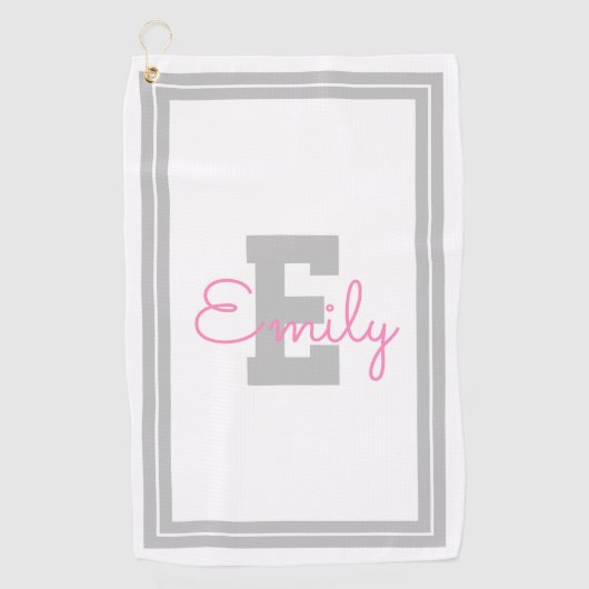 Serviette De Golf Nom encadré & monogramme | Gris clair & Rose (Devant)